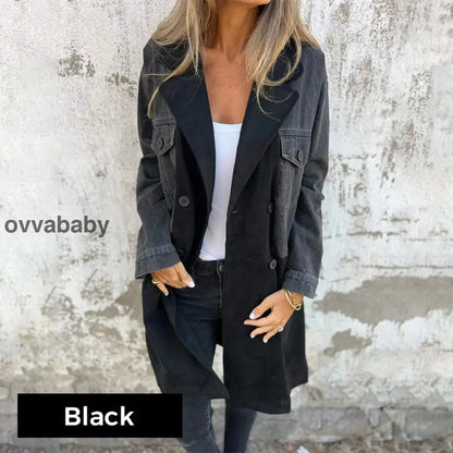 🥰 zeitlich begrenztes preisliches Angebot 🥰Mittellanger Trenchcoat mit Denim-Jeans-Nähten Schwarz / S(EU 36) Oberteile