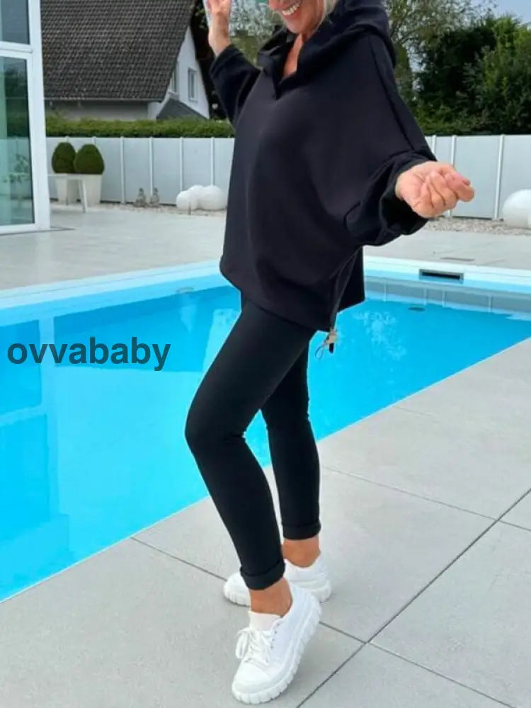 🎉Zweiteiliges Damen-Kapuzenpulli-Set in Unifarben Schwarz / S/EU 36 Zweiteilige Sets